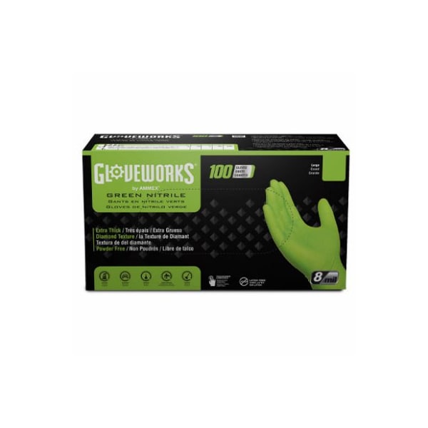 Gloveworks By Ammex GWGN, Nitrile Disposable Gloves, 8 mil Palm, Nitrile, Powder-Free, 2XL, 100 PK, Green GWGN49100 - main